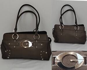 Guess Baguette Shoulder Bag Brown Pebbled Leather Monogram Vintage Y2K #J4748